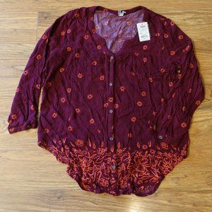 Mudd Burgundy Coral Boho Floral Print Rayon Blouse